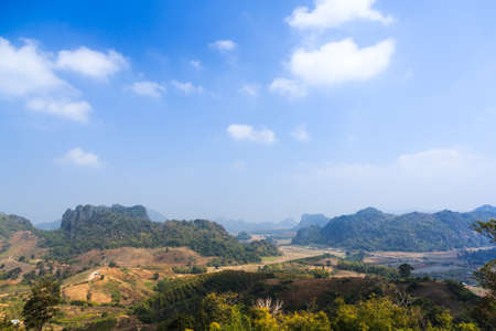 nature landscape with woods and mountains, point view on mountainsの写真素材