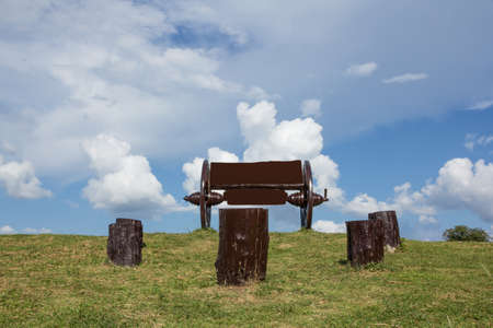 Wooden sign and Design element  with blue skyの写真素材