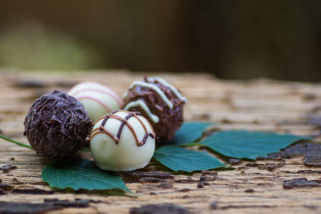Four pieces of Chocolate is placed on a wooden board.の写真素材