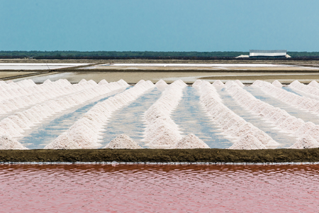 Farm salt or salt on a blue background with red water before evaporating salt.の写真素材