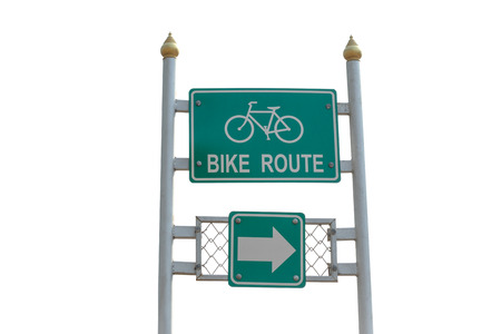 road sign with a white background and bike symbol, Bike Route this wayの写真素材