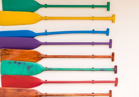blades of wooden canoe paddles various colors on background , a variety of styles and shapes - paddling conceptの写真素材