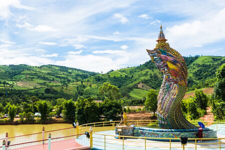 Nine Head of Naka statue, king of naka in public thai templeの写真素材