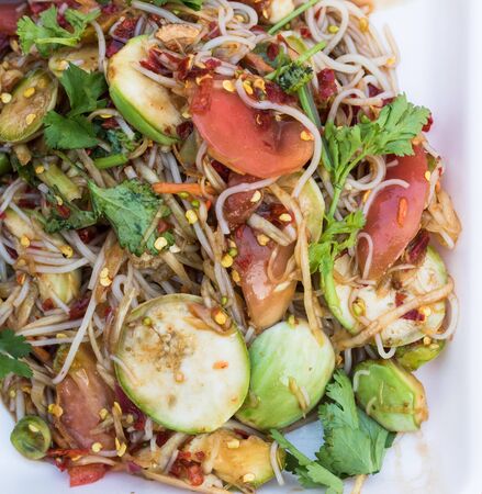 Thai rice noodle papaya salad with pickled fish sauceの写真素材