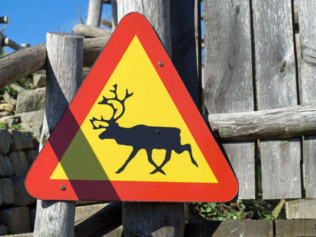 Decorative road reindeer sign in a gardenの写真素材