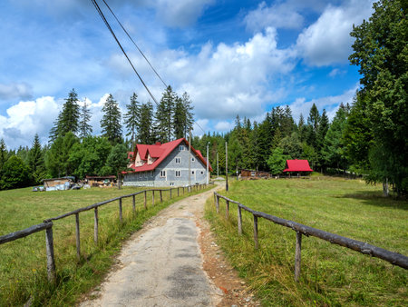ISTEBNA STECOWKA, POLAND â AUGUST 03, 2021: buildings of a tourist hostel operating since 1934のeditorial素材