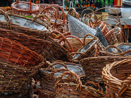 Wooden wicker basket for sale in the market