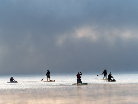 Rowers on the lake, water sports, zywiekie lake, Polandの写真素材