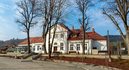 WISLA, POLAND â APRIL 25, 2021 - railway station, transfer point on a renovated railway lineのeditorial素材
