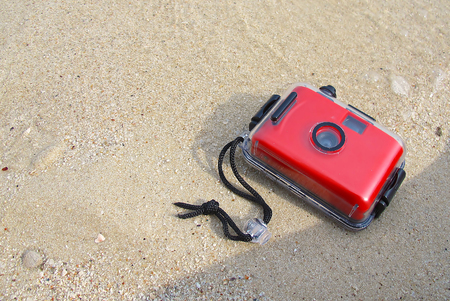underwater toy camera on the beachの写真素材