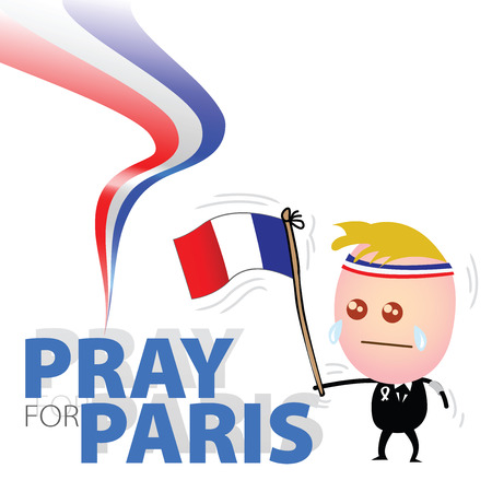 Cute businessman waving French flag and Tears mingled with sorrow, and hope to pray for Franceのイラスト素材