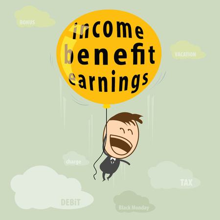 Cute character businessman with balloons good income debt negated because a good plan in black Monday.のイラスト素材