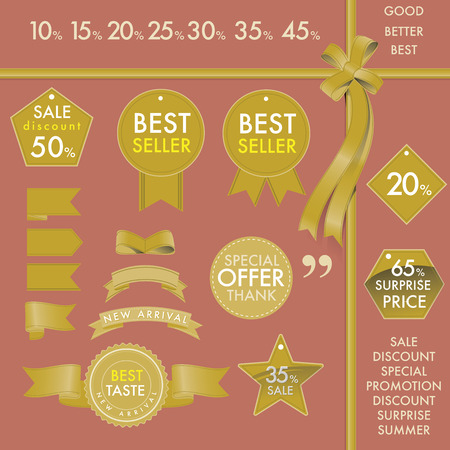 Vector element design set of golden commercial labels and ribbon templates on best seller concept. This vector file is organized in layers to separate Graphic elements from Text, label and background color.のイラスト素材