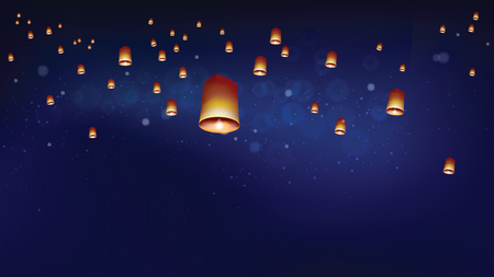 Khom loyÂ or floating lanterns into the night sky. Thai people believed that misfortune will fly away with the lanterns, and they like done all festival at night. Sometime belief this activities is sending souls to heaven.のイラスト素材
