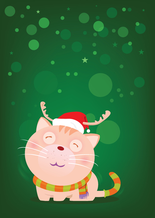 Cute cat wearing a red hat and scarf to imitate Santa Claus on snow fall green background. Waiting for the love of the owner.のイラスト素材