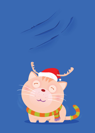 Dark cute cats wearing red hats and scarves to mimic Santa Claus, and show off nails scratch on the wall.のイラスト素材