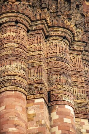 Close-up of Qutub minar, tallest bricks minaret of the world, New Delhi, Indiaの写真素材