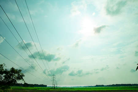 Pylons with electrical wire on the farm fieldの写真素材
