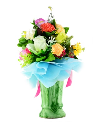 Colorful Artificial Flower Arrangement on white background の写真素材