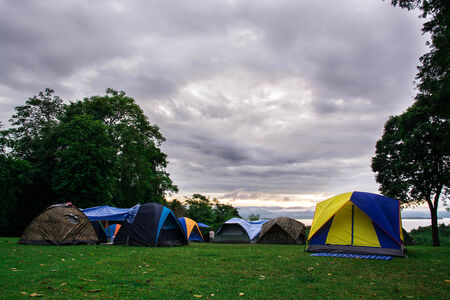 Tent Tourist camp in a mountains, moning view