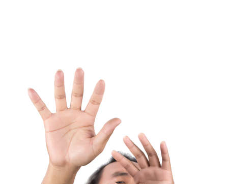 Man show his hands up, stop sign