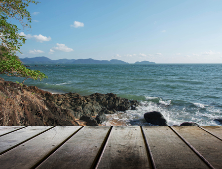 Wooden platform beside tropical beach relax placeの写真素材