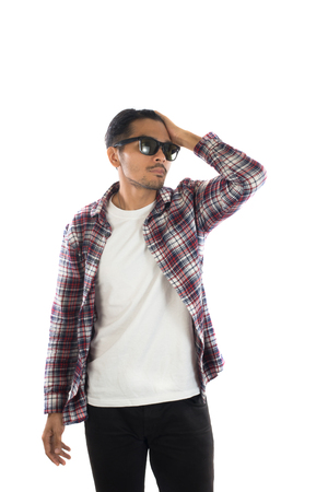 Handsome hipster man with glasses on isolated white background.の写真素材