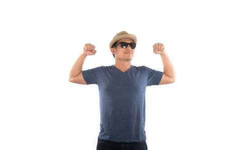 Portrait of an emotional hipster young man. Isolated on white background.の写真素材