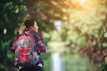 Hiking woman - hiker walking in the green forest.の写真素材