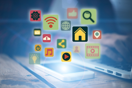Smartphone with network and communication flat icons. Technology digital community concept.の写真素材
