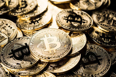 Golden Bitcoins, Electronic money conceptの写真素材