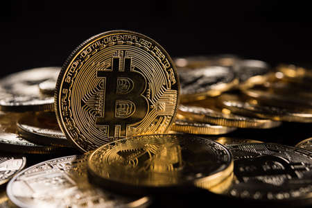 Golden Bitcoins, Electronic money conceptの写真素材