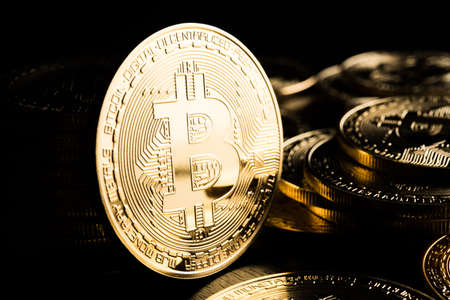 Golden Bitcoins, Electronic money conceptの写真素材