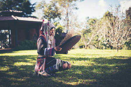 Akha using a winnowing basket separating arabica coffee from shell, Akha in the north of Thailand enjoying with job, Akha was separating coffee from shell by bamboo basket with traditional cloth.の写真素材