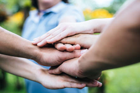 Close up team students teamwork stack hands together. Startup, Success concept.の写真素材