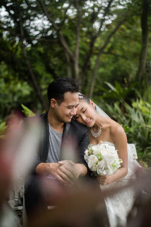 Bride and groom are sitting on branch with the green park on background.の写真素材