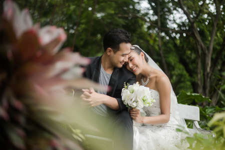Bride and groom are sitting on branch with the green park on background.の写真素材