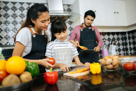 Family cooking time : Happy mum teach her daughter chopping vegetable preparing ingredients for cooking meal in kitchen at home.の写真素材
