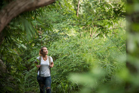Close up of young backpacker walking through the forest happy with nature. Travel concept.の写真素材