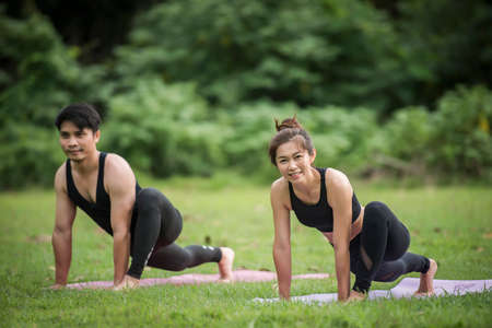 Yoga action exercise healthy in the parkの写真素材