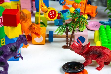 colorful of toys wood for kid playing on white background