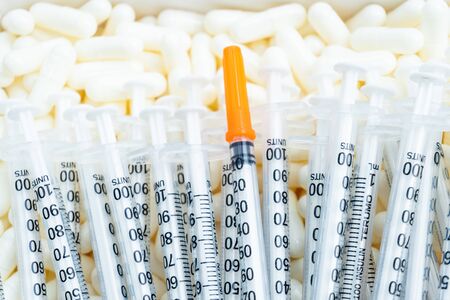 the syringe use in the hospital for inject vaccine for resist virus.の写真素材