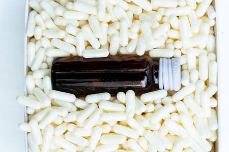 Medical pill closeup view concept on white background