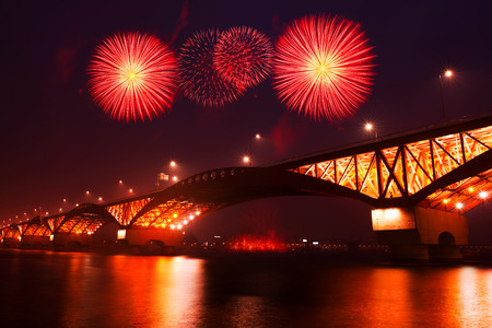 seongsan bridge and Firework, koreaの写真素材