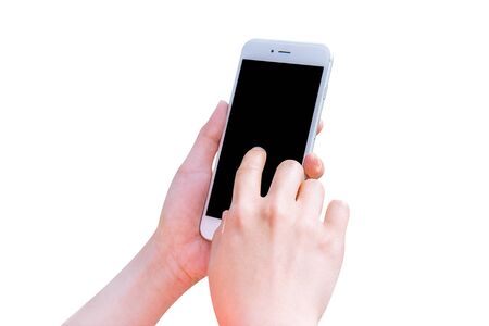 Hand holding smart phone isolated on white background.の写真素材