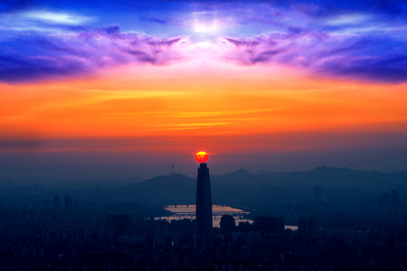 Sunset and beautiful sky at Lotte world mall in Seoul,South Korea.The best view of South Korea at Namhansanseong Fortress.のeditorial素材