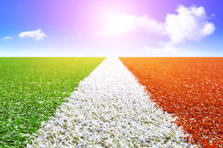Artificial grass with white stripe,Line soccer field.の写真素材