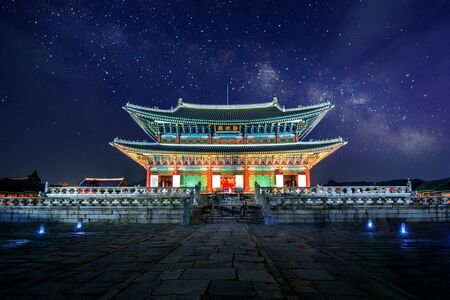 Gyeongbokgung Palace and Milky Way at night in seoul,Korea.のeditorial素材