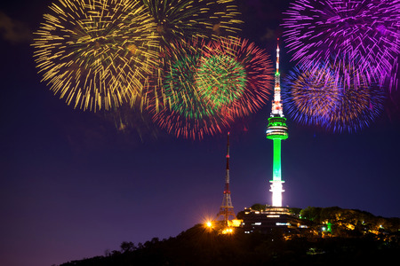 Seoul tower and firework in korea.のeditorial素材