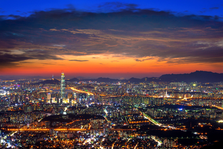 South Korea skyline of Seoul, The best view of South Korea with Lotte world mall at Namhansanseong Fortress.のeditorial素材